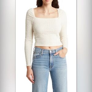 Elodie Textured Knit Cream Long-Sleeved Square Neck Crop Top XS